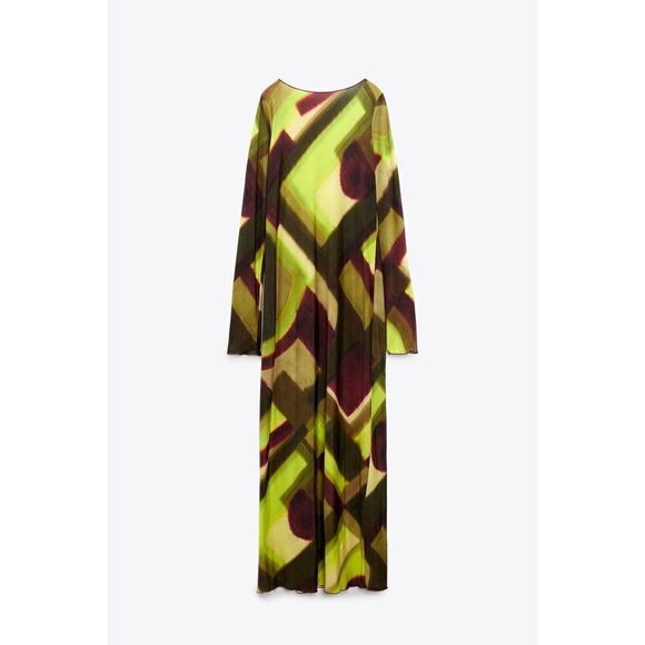 NWT VIRAL ZARA PRINTED MAXI DRESS TULLE BROWN GREEN MULTI - Picture 13 of 16
